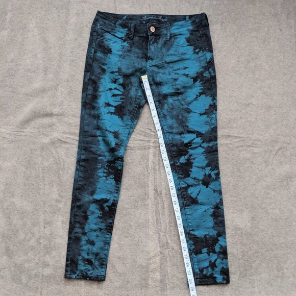 AE Tie Dye Teal and Black Stretch Skinny Jeans - Picture 7 of 7
